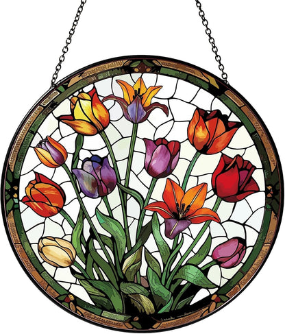 Tulip Stained Glass Window Hanging Botanical Sun Catcher Decor Tulip Lover Gifts for Women Christmas Suncatchers for Home Windows Hanging Decoration, 7.87inch