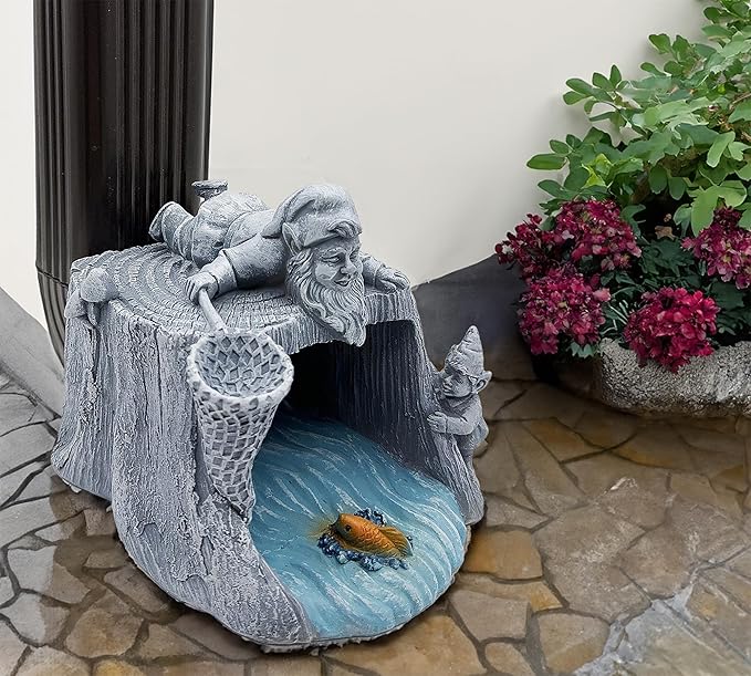 Gnome Fishing 3"x4" Gutter Downspout Splash Block Decor, Garden Outdoor Animal Resin Statue & Sculpture, Gutter Diverter Rain, Decorative Gutter Extension Downspout, Eco-Friendly