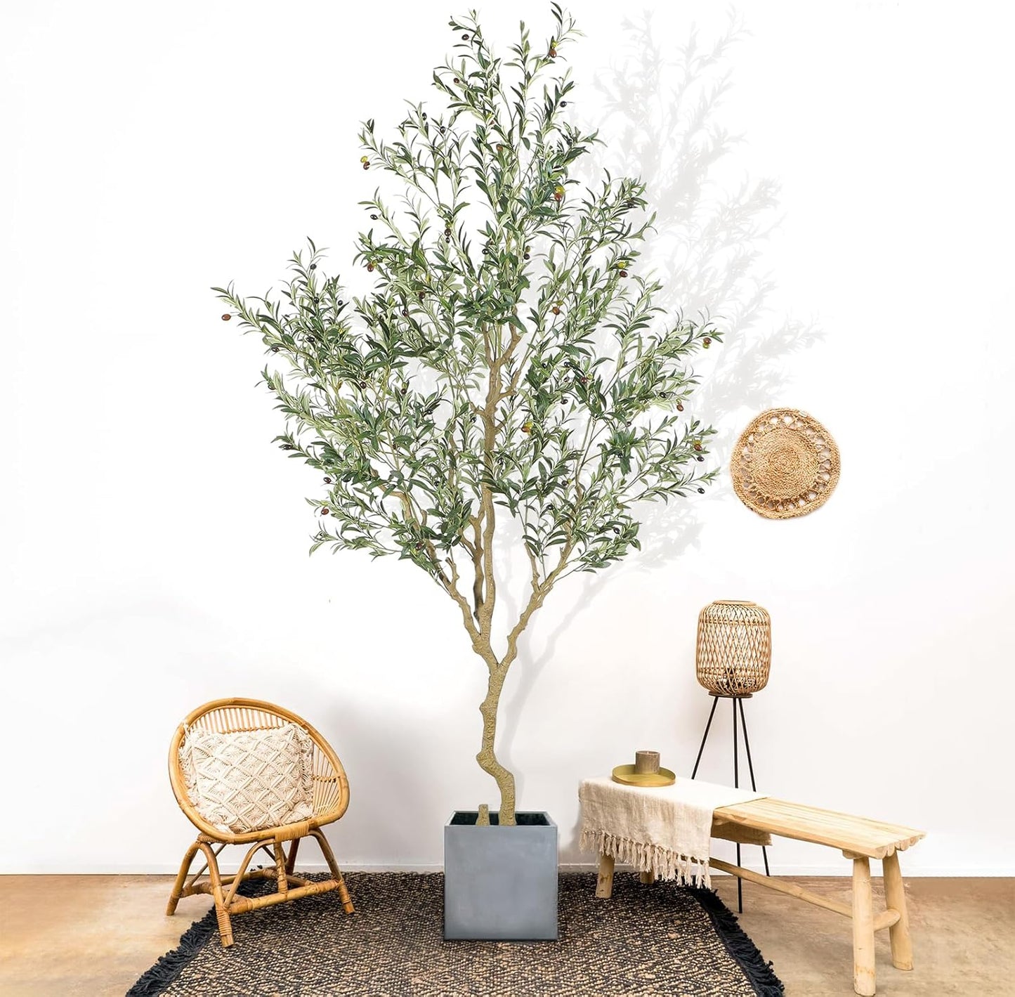 Tall Faux Olive Tree，9ft（108in） Realistic Potted Silk Artificial Olive Tree， Fake Olive Trees Indoor with Green Leaves and Big Fruits for Home Office Living Room Stairs Patio Decor.