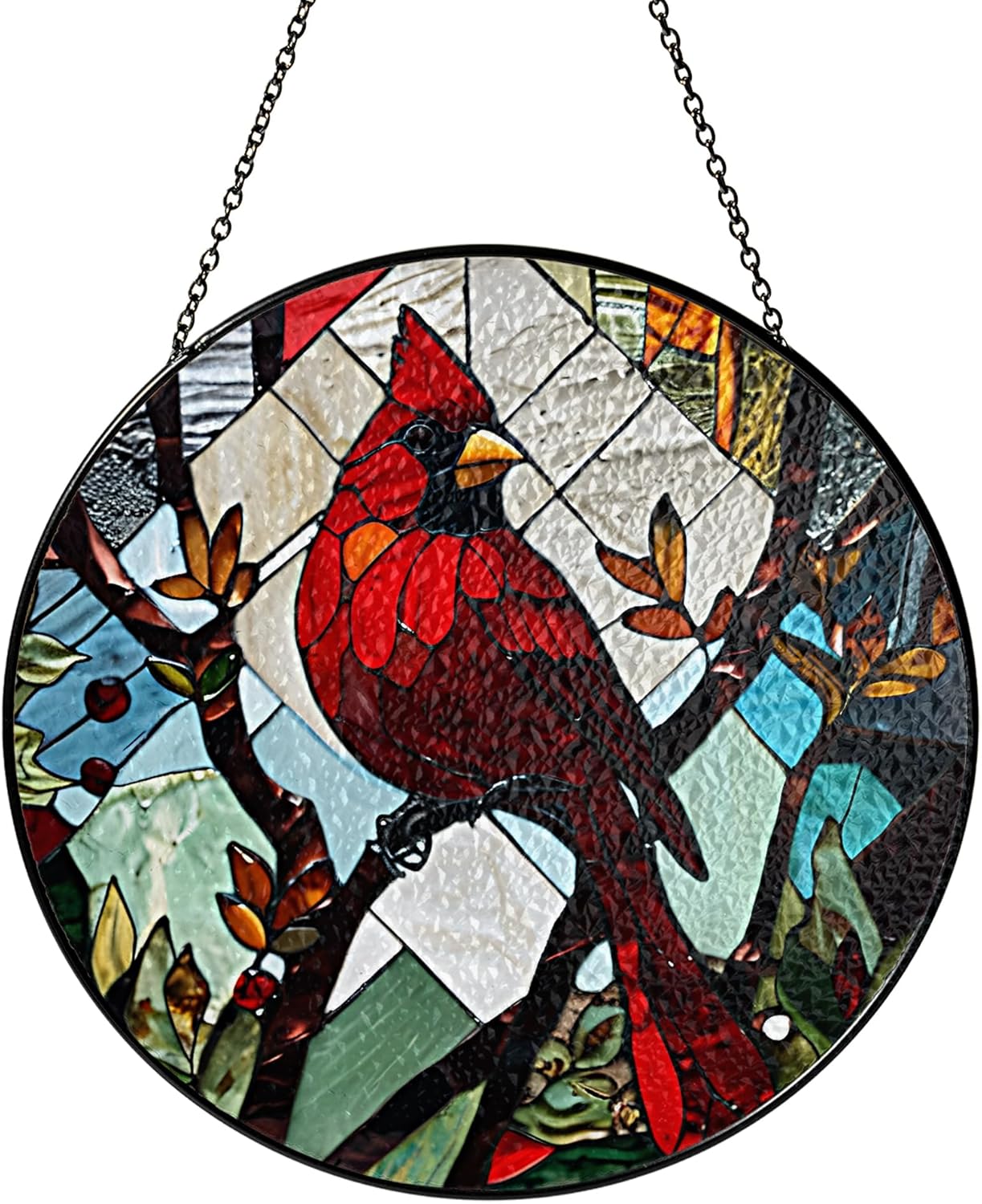 7.8" Red Cardinal Stained Glass Suncatchers Art Glass Red Bird for Sun Catcher Indoor Window Gift for Pet Animal Nature Floral Lovers Women Grandma Mom Friend Painted Panel Décor BIRD-05B-SG8