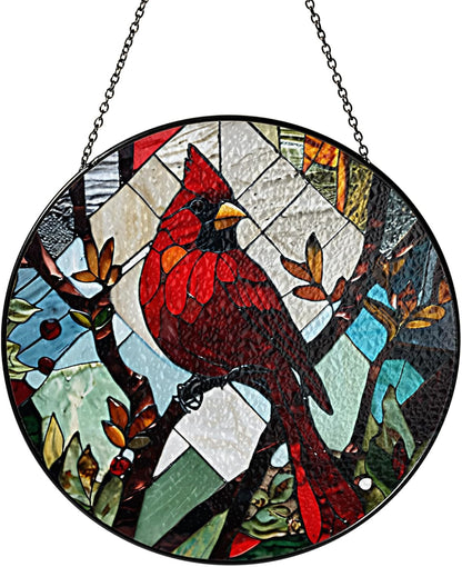 7.8" Red Cardinal Stained Glass Suncatchers Art Glass Red Bird for Sun Catcher Indoor Window Gift for Pet Animal Nature Floral Lovers Women Grandma Mom Friend Painted Panel Décor BIRD-05B-SG8
