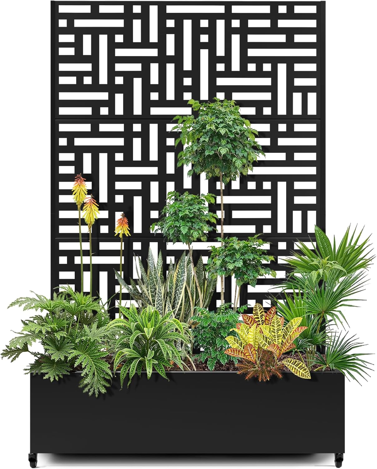 15.7"×70.9"×47.2" Metal Raised Garden Bed with Trellis and Wheels - Tall Trellis Planter Box for Climbing Plants, Vegetables & Vines - Outdoor Privacy Planters for Patio (Black-Helen)