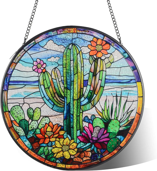 Cactus Suncatcher Decor, Cactus Stained Glass Window Art Beach Decor Sea Glass Hanging - 7.9"