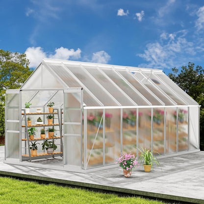 DWVO 16x8FT Polycarbonate Greenhouse Heavy Duty Green Houses Outdoor Aluminum Greenhouses with Sliding Doors Vent Window Premium Walk-in Greenhouse Large Sun House for Garden Backyard, Silver