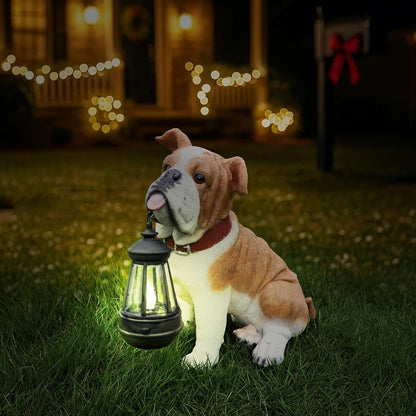 English Bulldog Statue Outdoor Decorations – Outdoor Dog Statue Fawn English Bulldog with Replaceable Solar Light & Welcome Sign for Porch Décor