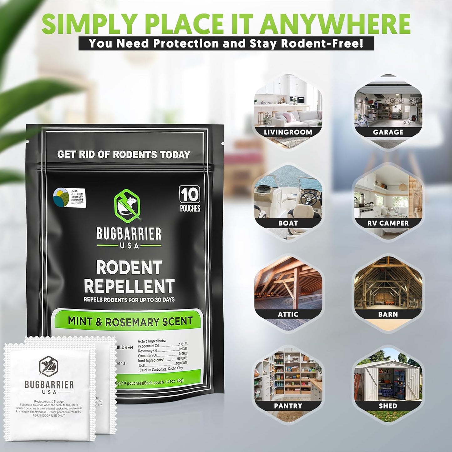 BugBarrier's Extra-Strength Mouse Repellent Deterrent Pouches, USDA 99% Biobased, Peppermint & Rosemary Oils Repel Mice Nesting in Car, RV, Boat, Garage, Shed, Cabin Made in The USA (Pack of 10)