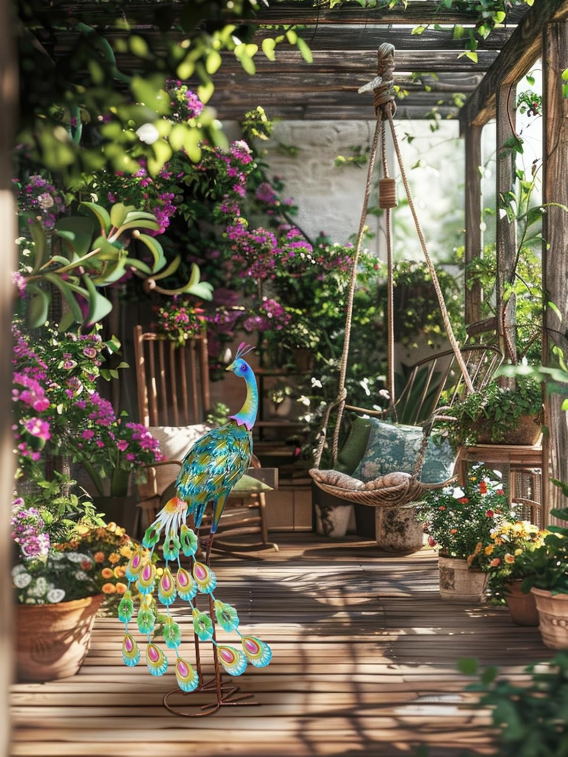YEAHOME Garden Decor Outdoor Statues, 34" Large Metal Peacock Standing Yard Art, Blue Green Bird Lawn Sculptures Garden Decor for Outside Patio Porch Backyard