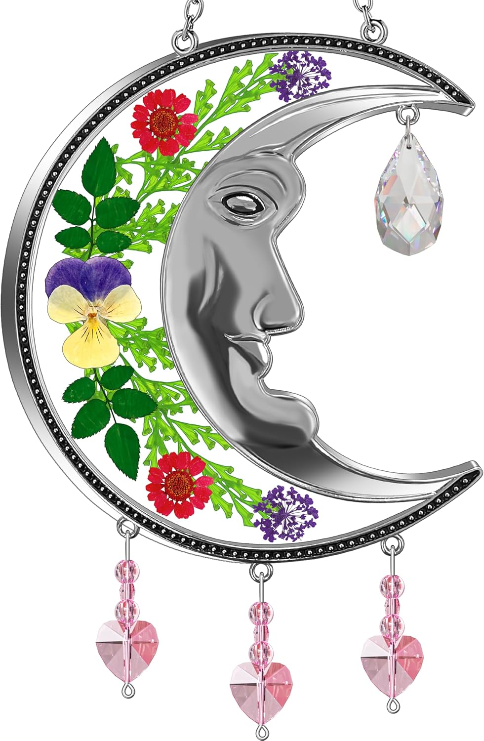 KY&BOSAM Moon Suncatchers Crystal Sun Face Gifts for Mom Family Friends Stained Glass for Windows Wind Chimes Real Flower Colorful Crystal Outdoor for Garden Indoor Home Trees Patio Yard Porch Decor