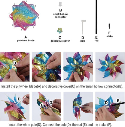 Hausse 10 Pack Reflective Pinwheels Wind Spinner, Extra Sparkly Rainbow Pinwheel with Stakes, Bird Repellent Blinder Devices Deterrent to Scare Birds Away from Yard Patio Farm Garden, Colorful