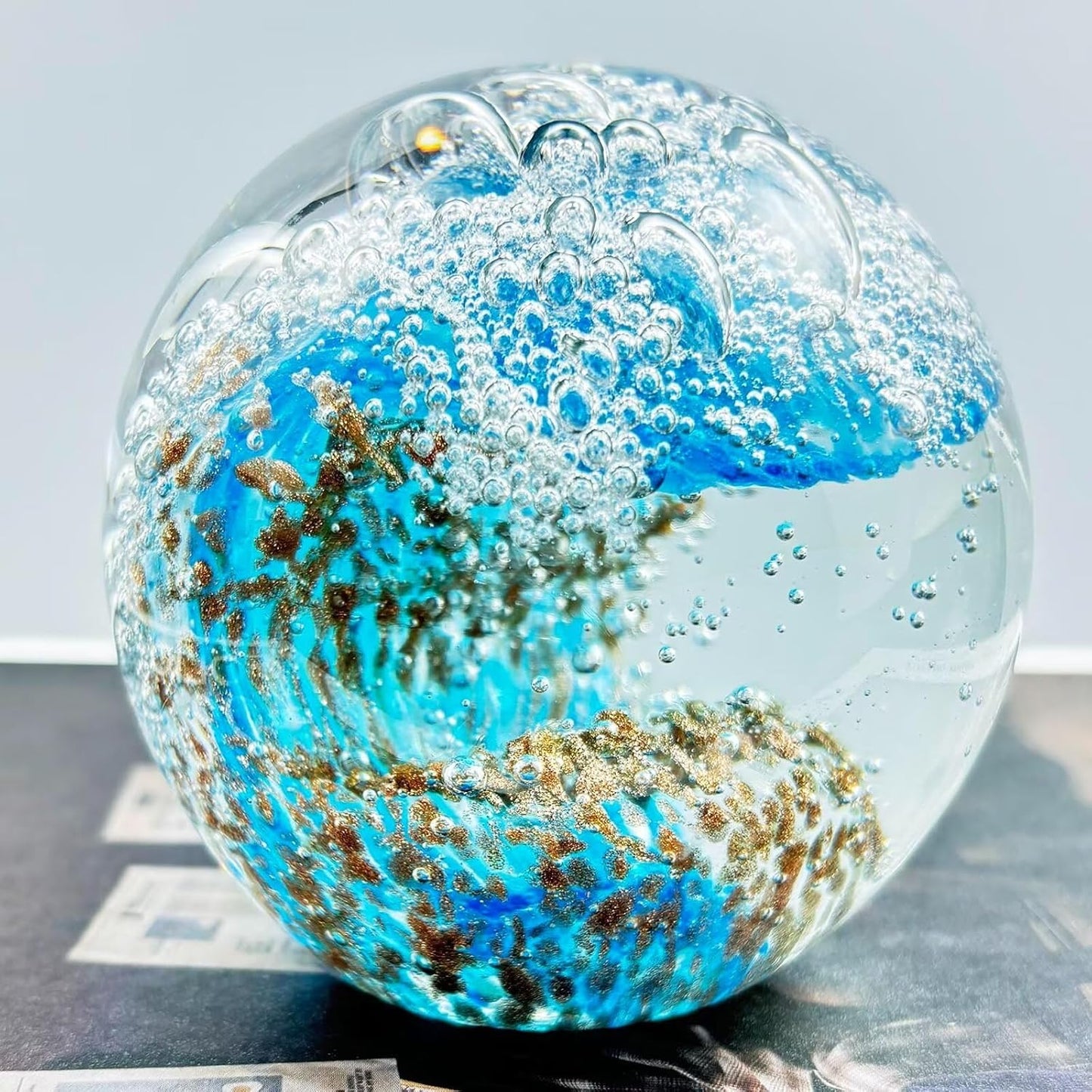 Decorative Crystal Ball Figurines Ocean Waves Paperweight Blown Glass Decor Sea Art Ocean Lovers Gift Blue Amber 3.15"