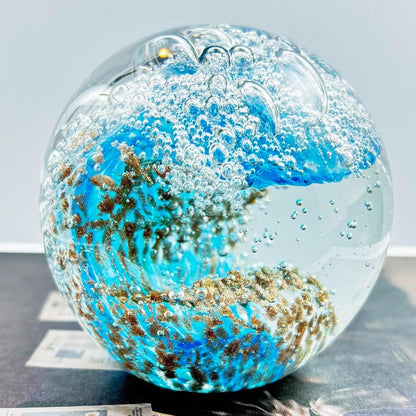 Decorative Crystal Ball Figurines Ocean Waves Paperweight Blown Glass Decor Sea Art Ocean Lovers Gift Blue Amber 3.15"