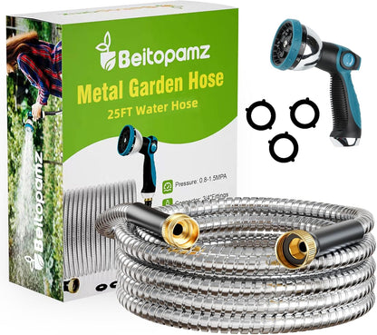 Garden Hose 25 ft, Stainless Steel Metal Water Hose 25 Feet with Nozzle, Flexible, Rust Proof, No-Kink, Heavy Duty, Leakproof 3/4 in Fittings, Lightweight Metal Hose, BT25S Model