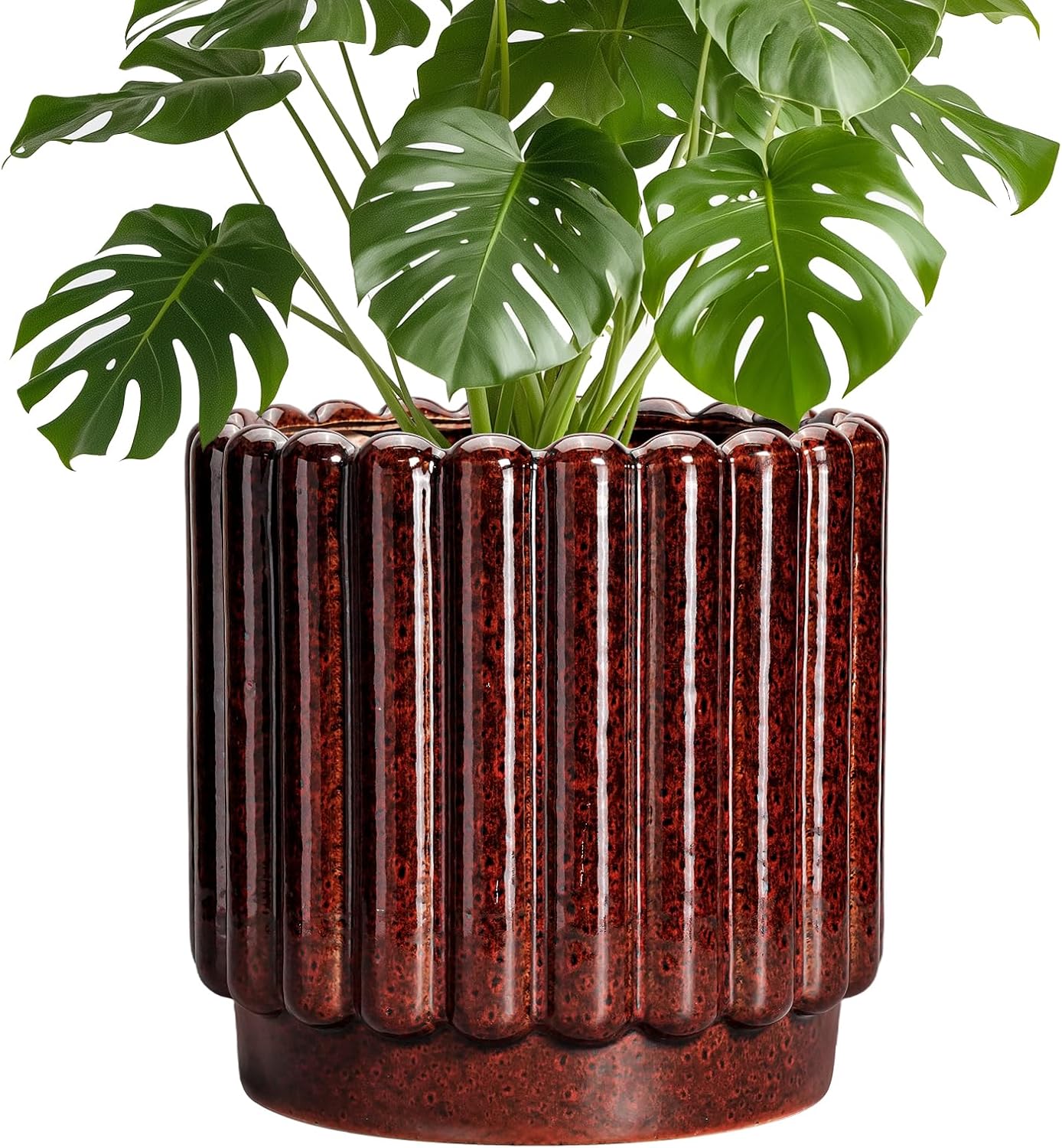 Ceramic Flower Pots - 9.6 Inch Ceramic Pots for Plants Indoor, Large Decorative Plant Pot with Drainage Hole, Fluted Round Planter for Outdoor Plants, Home Decor, Gardening Gifts, Red