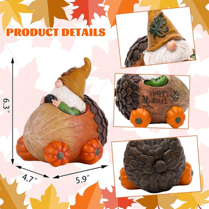 Topadorn Fall Gnome Statue Pine Cone Car with Pumpkin Wheel, Autumn Harvest Gnome Resin Figurine for Home and Outdoor, Thanksgiving Party Home Gnomes Decor