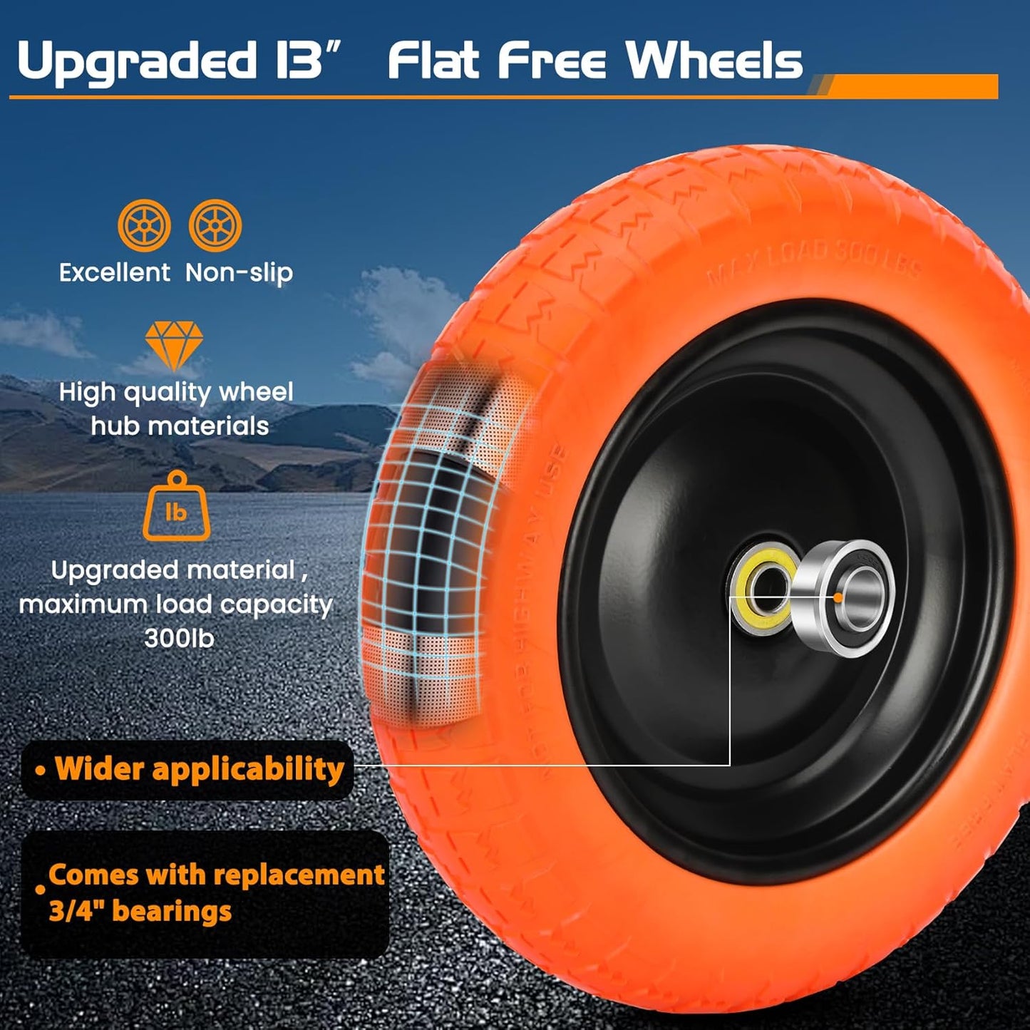 13" Flat Free Wheels Replacement for GOR Garden Cart Tires, 4.00-6 Solid Tires with 5/8"Bearings, 13" No Flat Wheels for GOR Garden Carts/Hand Trucks/Garden Carts（Orange）