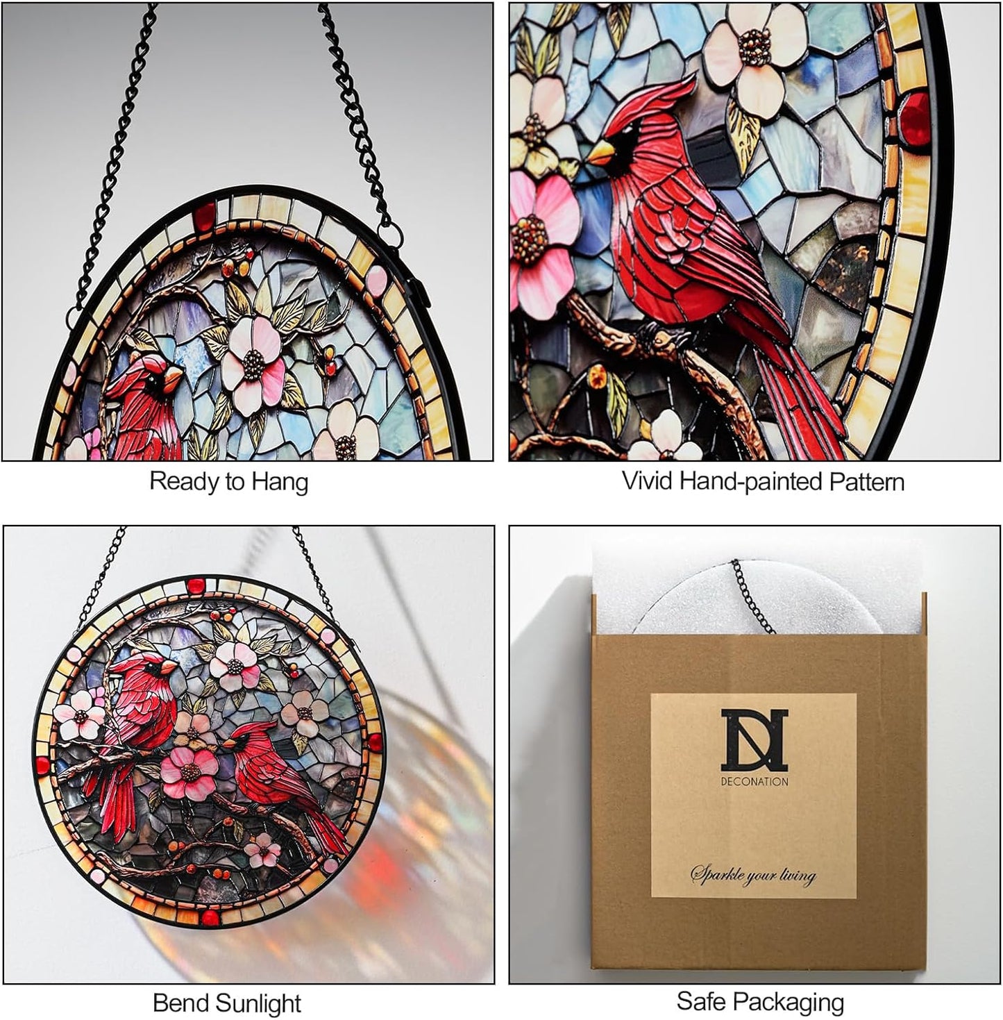 Cardinal Stained Glass Suncatcher - Hand-Painted Window Hanging with Metal Chain, Outdoor/Indoor Wall Decor for Mothers Day, Housewarming Gifts for Mom & Grandma Women Birthday Gifts