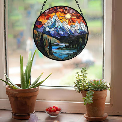Stained Glass Window Hanging - Colorful Mountain Lake Landscape Sun Catcher for Door Garden Home Decor Suncatcher Christmas Mother's Day Birthday Gifts for Women Men Mom Nana 15 in