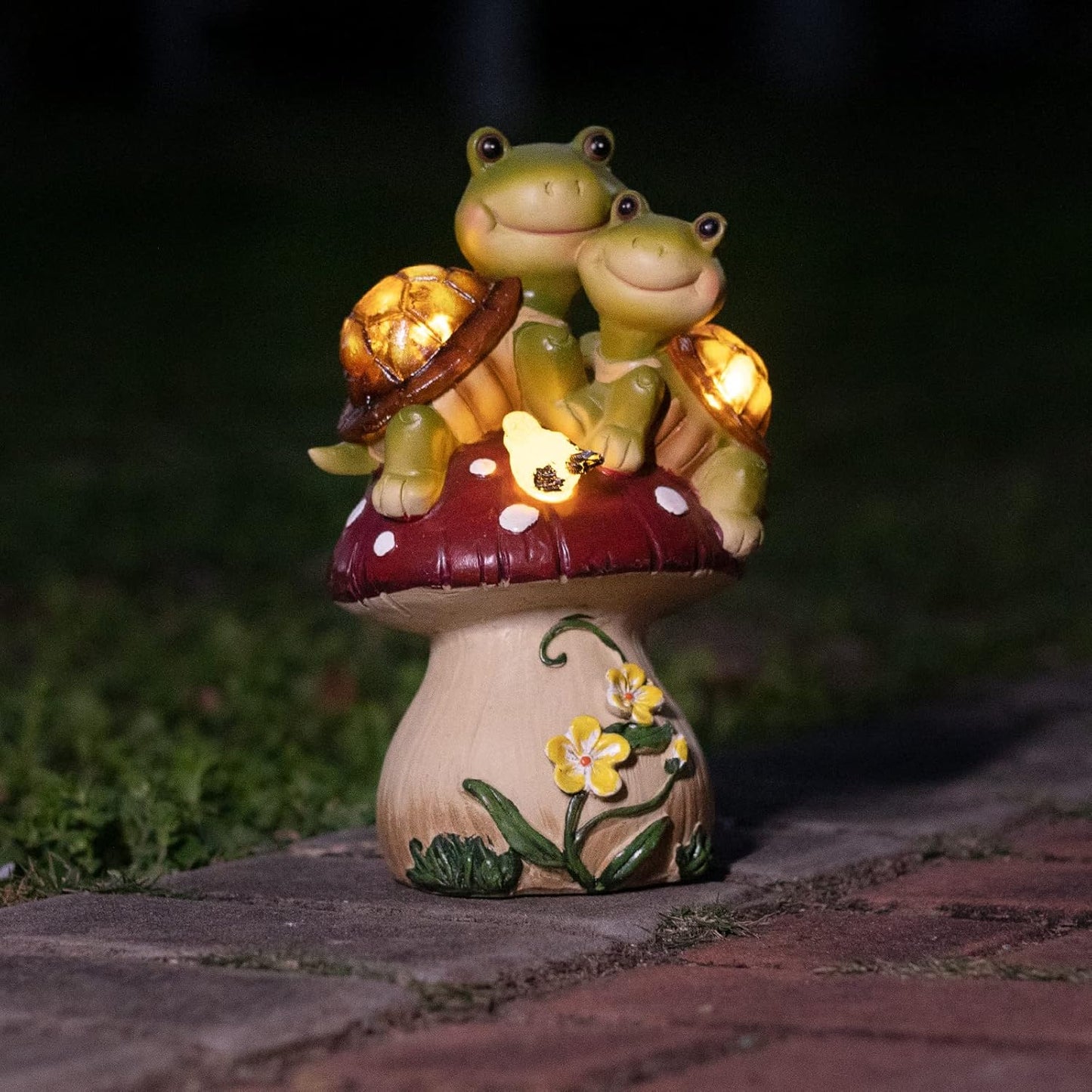 Garden Statues Turtles Outdoor Decor, Resin Turtles Figurines Lights Sculptures with Solar Light, Lovely Turtle with Mushroom for Garden Patio Yard