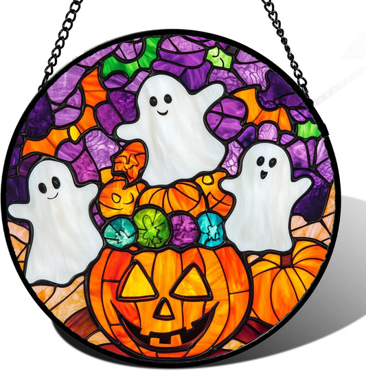 Stained Glass Window Hanging Halloween Horror Pumpkin White Ghost 11.8" - Suncatcher Door Garden