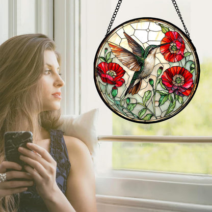 Stained Glass Window Hanging - Green Hummingbird Red Flower Suncatcher for Door Terrace Garden Home Decor Bird Landscape Sun Catcher Birthday Gifts for Lovers Women Men Dad Mom Nana 6.3 in