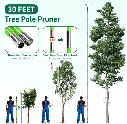 Outvita Manual Pole Saw, 30 Feet Extendable Tree Pruner with Knives and Storage Pocket, Sharp Steel Blade and Scissors High Branches Trimming for Pruning Palms and Shrubs(Green)