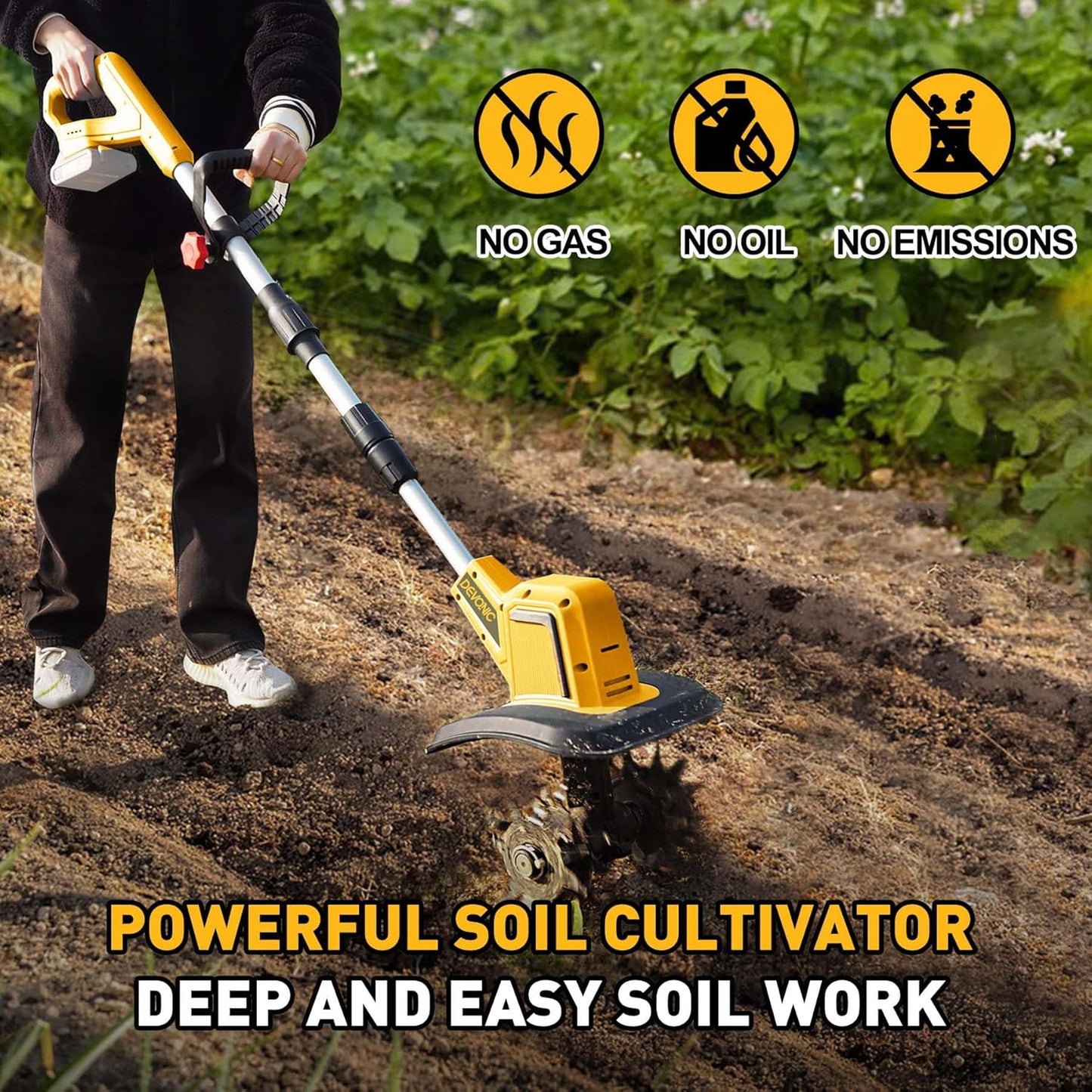 DEVONIC Cordless Electric Garden Tiller,330RPM Electric Garden Tiller, 8 in Tilling Width and 6 in Depth Garden Rototiller for Lawn/Gardening/Soil Cultivation (Without Battery)