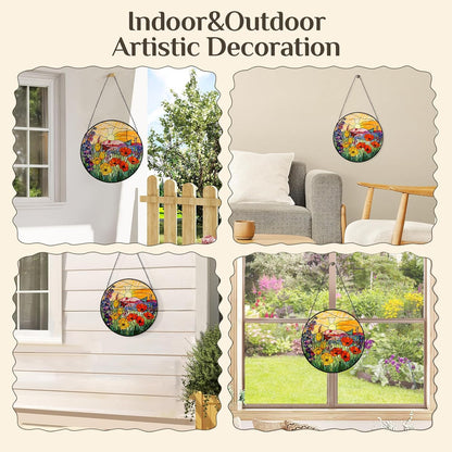 Stained Glass Window Hanging Sunrise Suncatcher, Renyalora 10 Inch Round Wildflower Glass Sun Catcher for Window Wall Art for Home, Patio, Porch, Outdoor Garden Décor Gift for Nature Lovers & Women