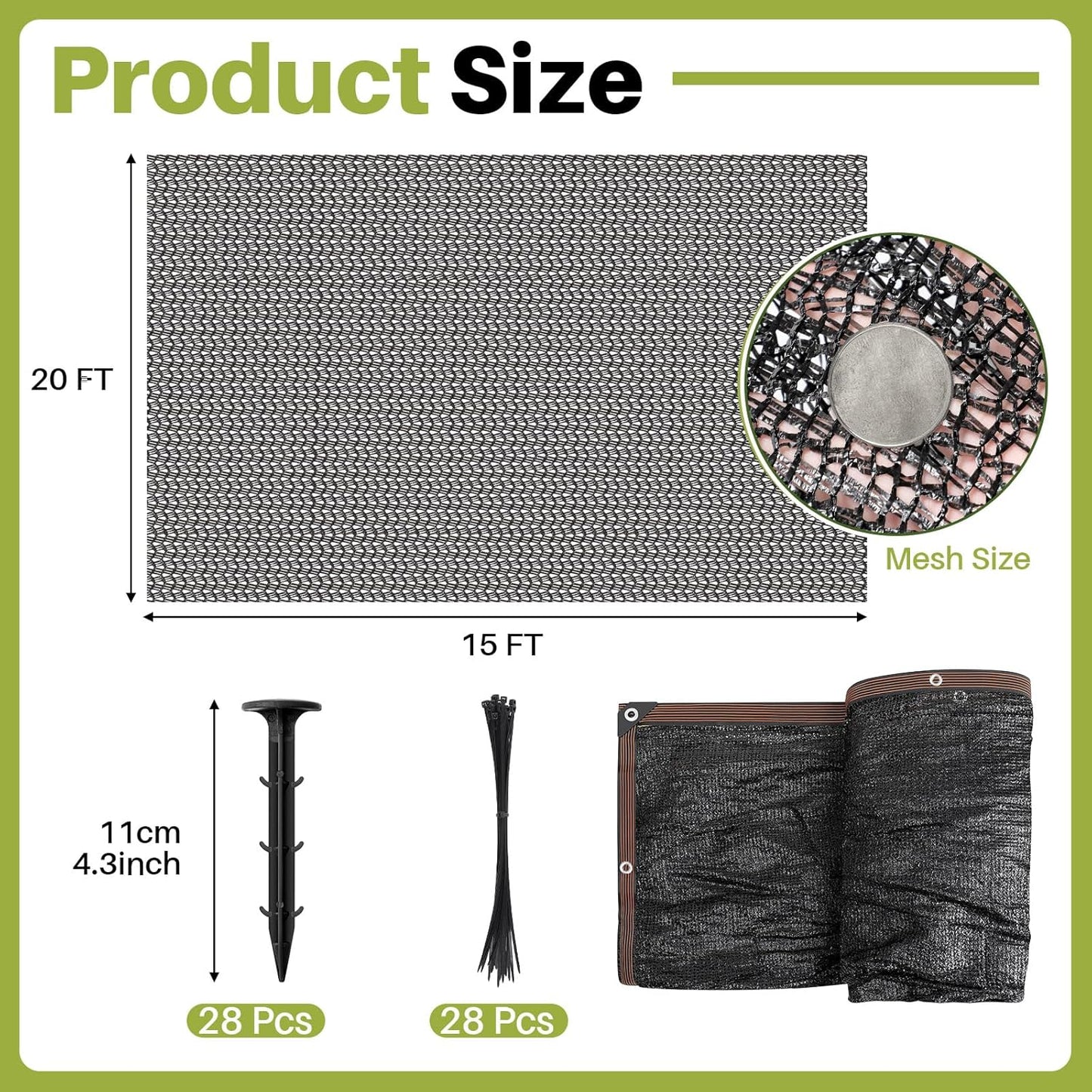 Koi Pond Netting Kit 15 x 20ft, Heavy-Duty Pe, Bird Deer Fence Netting, Durable Net Cover for Leaves, Protect Fish from Blue Heron Bird, Cats & Predators, Stakes & Ties Included