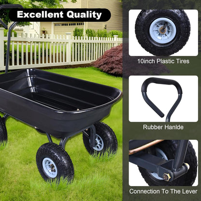 AAIN Heavy Duty Garden Cart with 10" Pneumatic Plastic Tires, 600LB Capacity, 180° Rotating Handle & Quick Release System, Black 4 Cu.Ft Poly Dump Wagon for Yard, Outdoor, Beach, Home