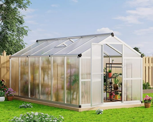 GarveeLife 8x12 ft Greenhouse, Large Aluminum Greenhouses for Outdoors, Heavy Duty Polycarbonate Greenhouse with Roof Vent, Walk-in Green houses for Winter Garden, Backyard, Patio, Lawn, Easy Assembly