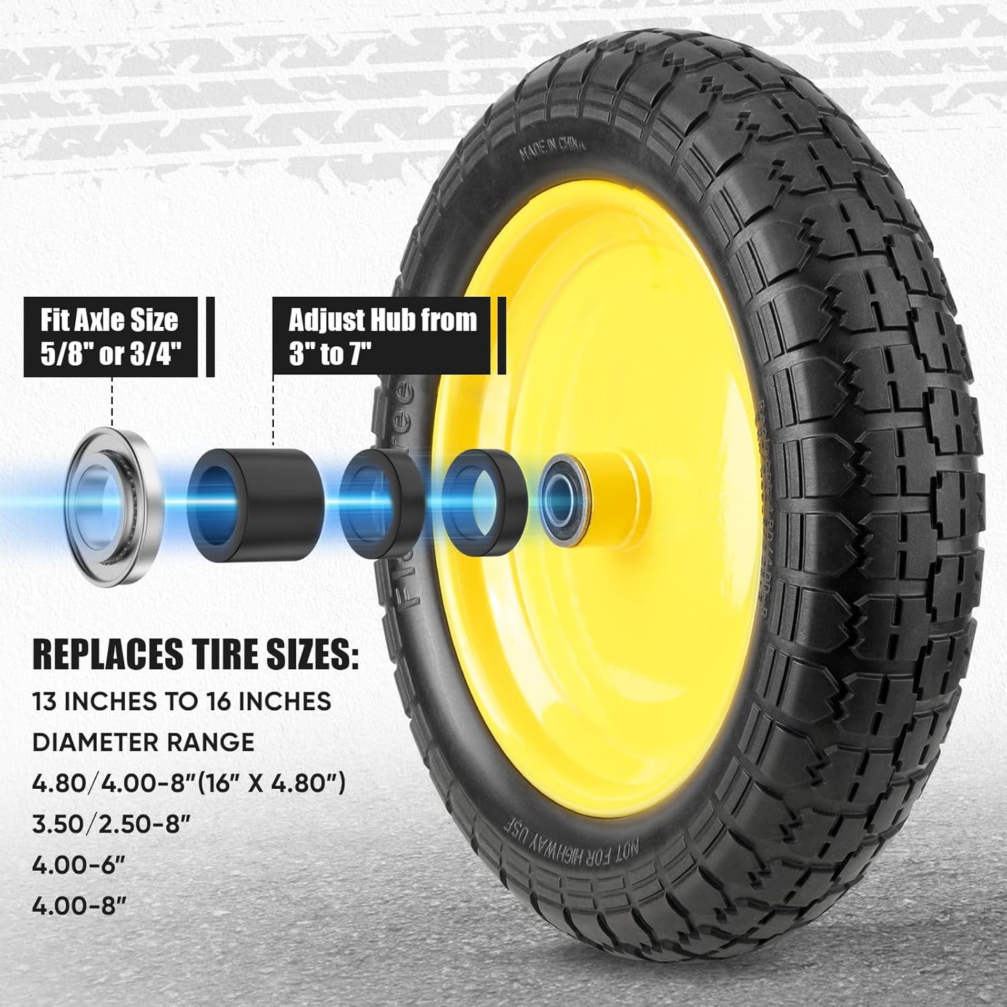 TICONN 4.80/4.00-8 Tire, 16" Flat Free Wheelbarrow Tire and Wheel, Solid Replacement Tires, 5/8" 3/4" Bearings, Universal Fit 4.80/4.00-8, 3.50/3.00-8, 4.00-6 (16" Yellow, 4PK)