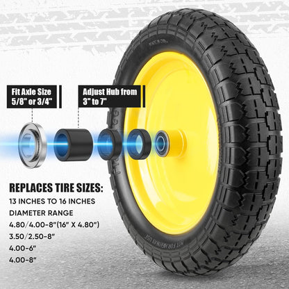TICONN 4.80/4.00-8 Tire, 14.5" Flat Free Wheelbarrow Tire and Wheel, Solid Replacement Tires, 5/8" 3/4" Bearings, Universal Fit 4.80/4.00-8, 3.50/3.00-8, 4.00-6 (14.5" Yellow, 4PK)