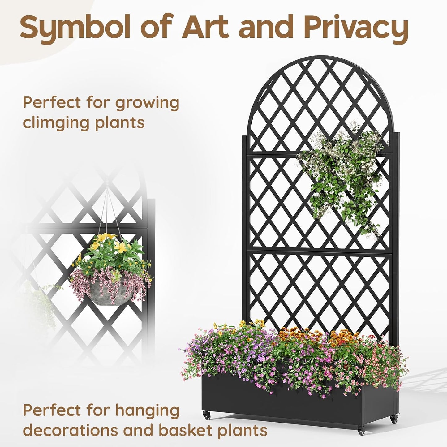 Metal Raised Garden Bed with Trellis & Wheels,72" x 35"x 15.7" Planter Box with Trellis,Privacy Planters for Patio,Garden Bed for Climbing Plants,Suitable for Climbing Plants and Vegetables,Black
