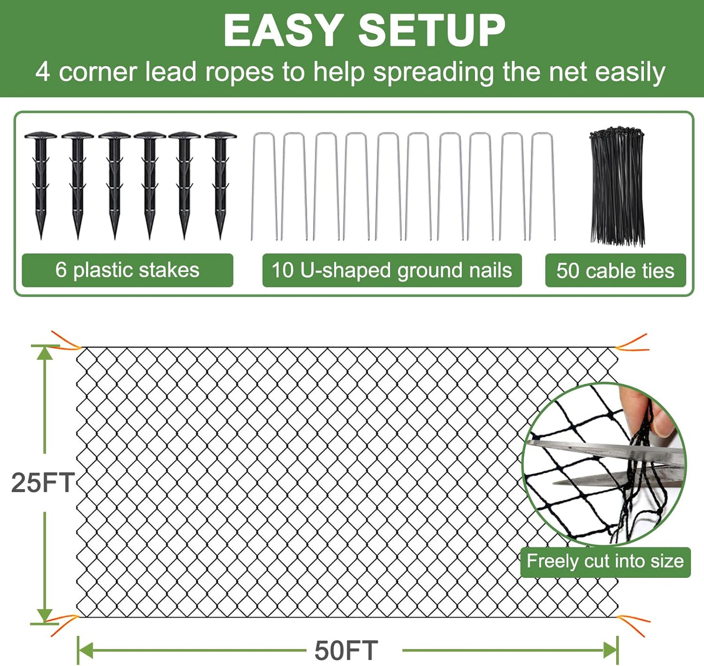 DQS Bird Netting - 25'x50' Heavy Duty with 1' Square Mesh, Poultry Netting for Chicken Coop Roof, Garden Protection, Nylon Mesh for Fruit Trees, Bushes