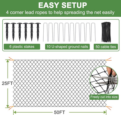 DQS Bird Netting - 25'x50' Heavy Duty with 1' Square Mesh, Poultry Netting for Chicken Coop Roof, Garden Protection, Nylon Mesh for Fruit Trees, Bushes