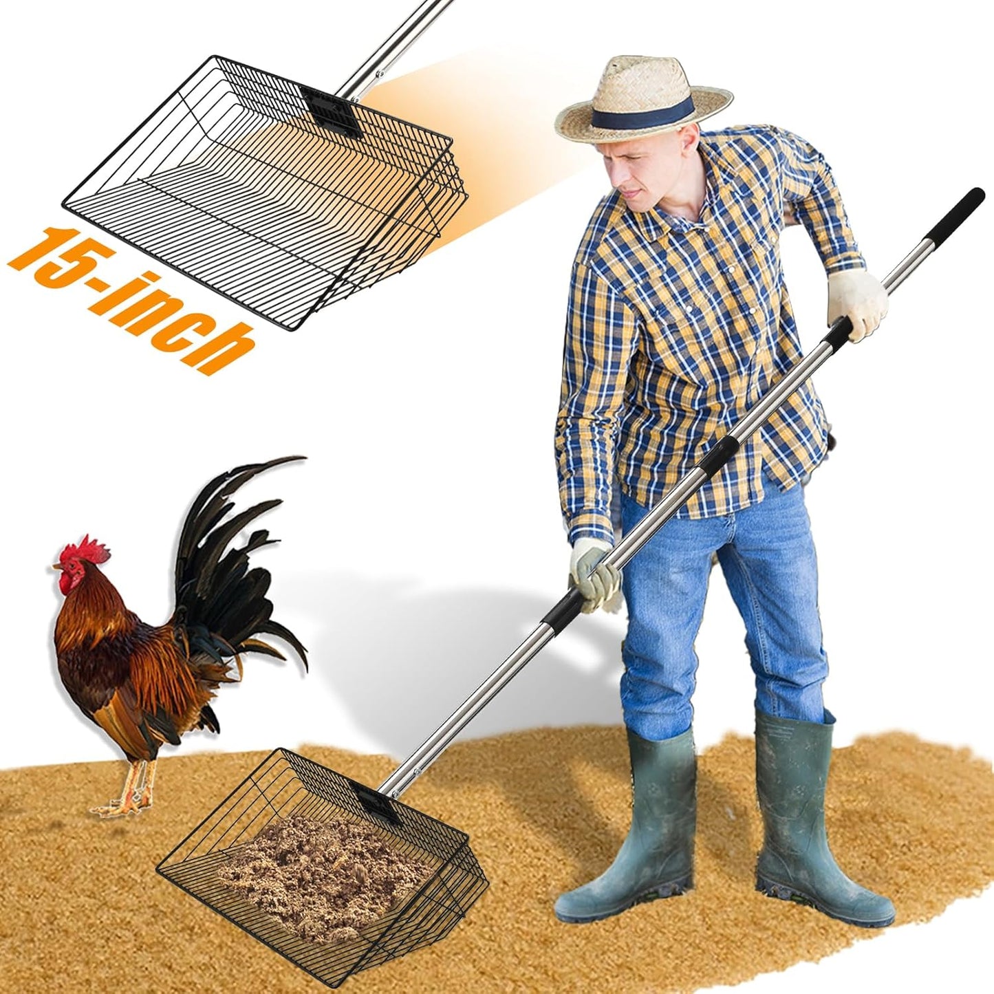 CAROD 15"-Large Thickened Chicken Poop Scooper, 24 to 68" Adjustable Chicken Coop Scoop for Poop with Stainless Steel Handle, Litter Scooper Sifting Shovel Chicken Coop Accessories