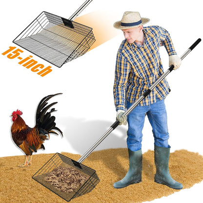 CAROD 15"-Large Thickened Chicken Poop Scooper, 24 to 68" Adjustable Chicken Coop Scoop for Poop with Stainless Steel Handle, Litter Scooper Sifting Shovel Chicken Coop Accessories