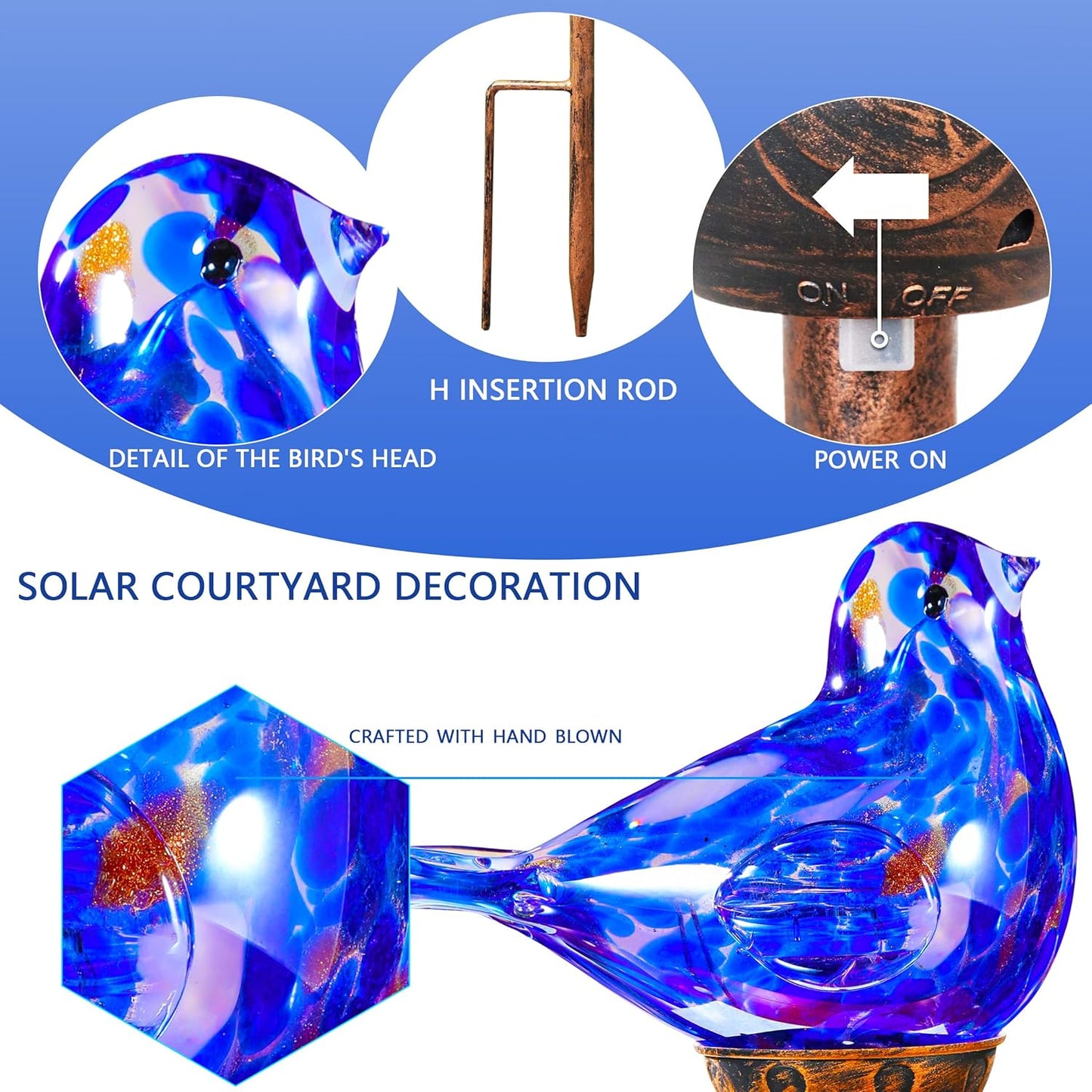 Solar Bird Garden Stake Lights - Hand Blown Glass Decorative Garden Pathway Lights Outdoor Waterproof Bird Glass Stakes (Dark Blue)