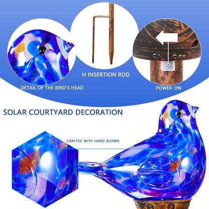 Solar Bird Garden Stake Lights - Hand Blown Glass Decorative Garden Pathway Lights Outdoor Waterproof Bird Glass Stakes (Dark Blue)