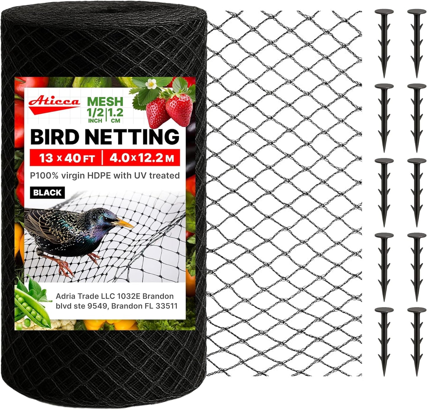 Heavy Duty Bird Netting for Garden Protection & Fruit Trees, 13x40 Ft with 10 Stakes – Black Anti-Bird Net for Poultry, Deer, & Squirrel Protection, Durable Nylon Mesh for Garden and Yard Use