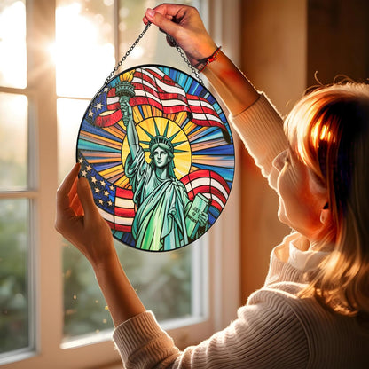 7.8"Patriotic Statue of Liberty Stained Glass Suncatcher, Red White Blue Window Hanging, 4th of July Wall Art Decor Independence Day Gift for Veterans Military American Flag Painted Panel ART-48E-SG8
