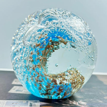 Decorative Crystal Ball Figurines Ocean Waves Paperweight Blown Glass Decor Sea Art Ocean Lovers Gift Blue Amber 3.15"
