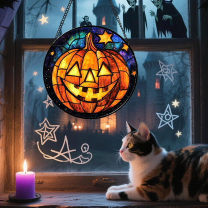 Stained Glass Window Hanging Halloween Horror Golden Pumpkin 9.8" - Suncatcher Door Garden Sunroom Gothic Style Sun Catcher Birthday for Friend Mom Men Woman Nana