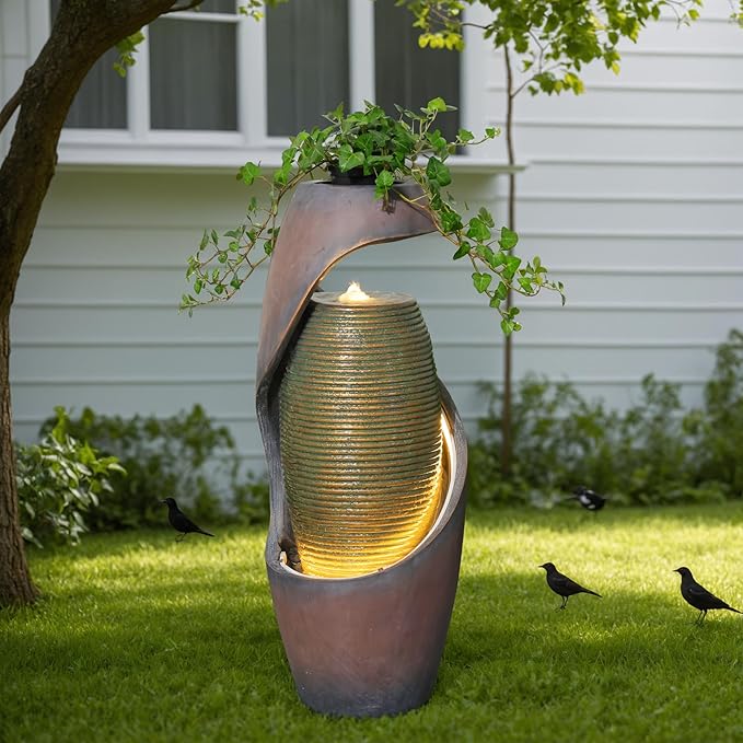 29.5’’H Modern Outdoor Fountain - Curved Spiral Waterfall Indoor/Outdoor with LED Light & Planter Bowl, Resin Garden Fountains for Patio, Yard, Backyard, Porch, Home Art Decor, 11.8" L x 11.8" W