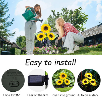 ANGMLN Solar Sunflower Outdoor Garden Lights, 4 Pack with 12 Sunflower Waterproof Garden Decor, Gifts for Mom Grandma, Waterproof Decorative Lights for Pathways Patios and Yards Decorations