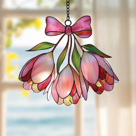 Pink Bell Flower Acrylic Suncatcher Stained Glass Effect Window Car Hanging Christmas Ornament