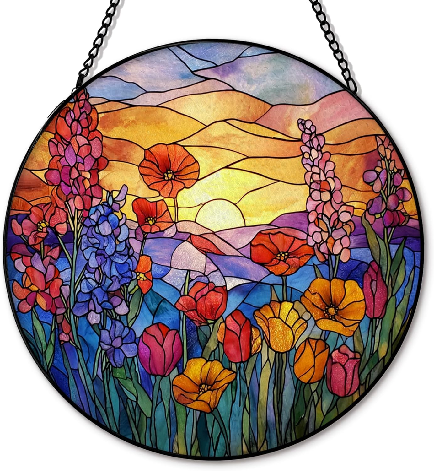 Sunset Flower Suncatcher Stained Glass Window Hanging, Cottagecore Wildflower Sun Catchers Indoor Window Glass Round Wall Decor, Floral Sunset Sunshine Wall Art Hanging Decorations, ＂7.8x7.8＂