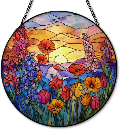 Sunset Flower Suncatcher Stained Glass Window Hanging, Cottagecore Wildflower Sun Catchers Indoor Window Glass Round Wall Decor, Floral Sunset Sunshine Wall Art Hanging Decorations, ＂7.8x7.8＂