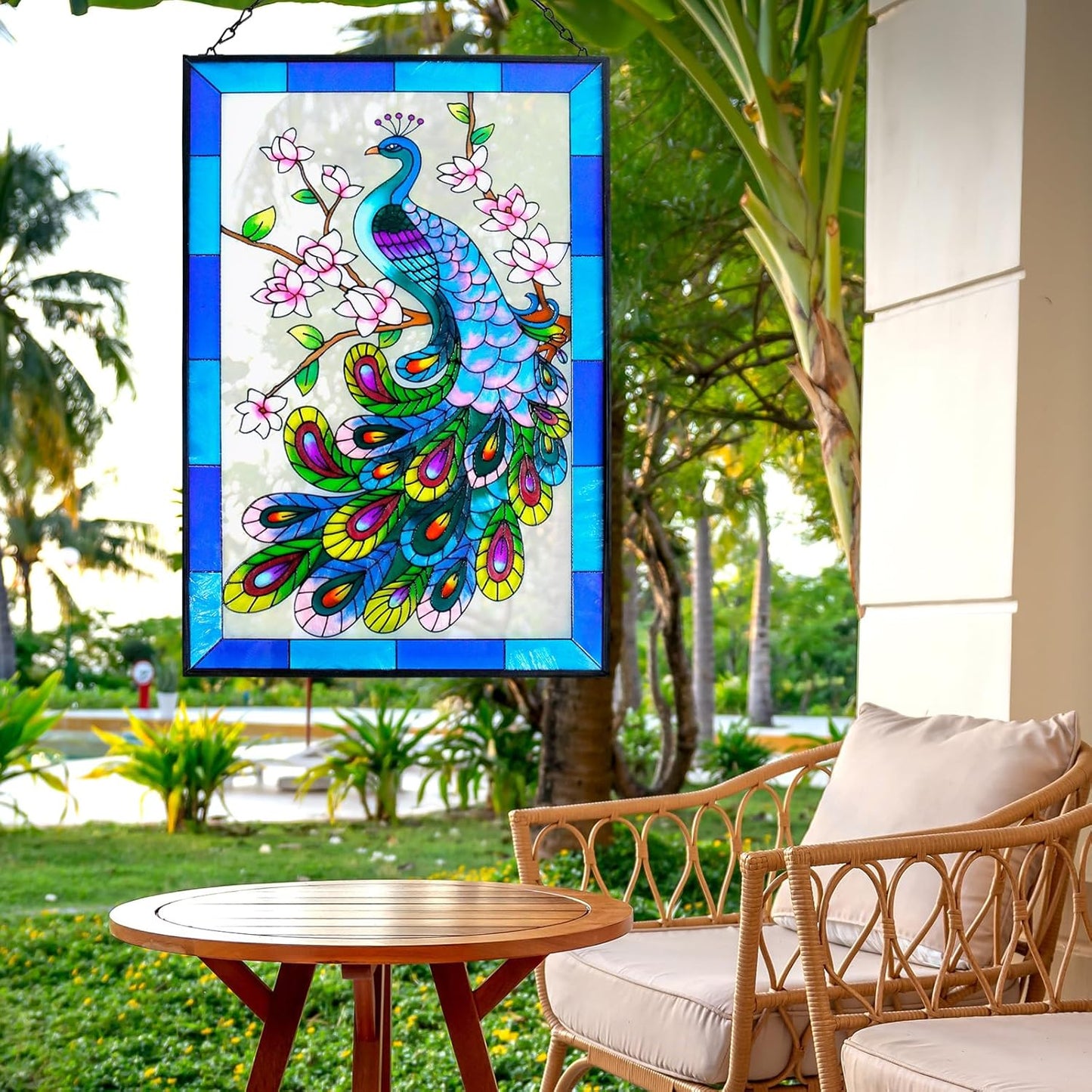 Chambtalie Peacock Stained Glass Hanging Garden Handmade Painted Peacock Wall Window Decor Decorative Suncatcher Panel…