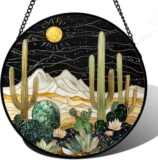 Stained Glass Window Hanging, Black and White Golden Cactus Nature Suncatcher for Doors Window Home